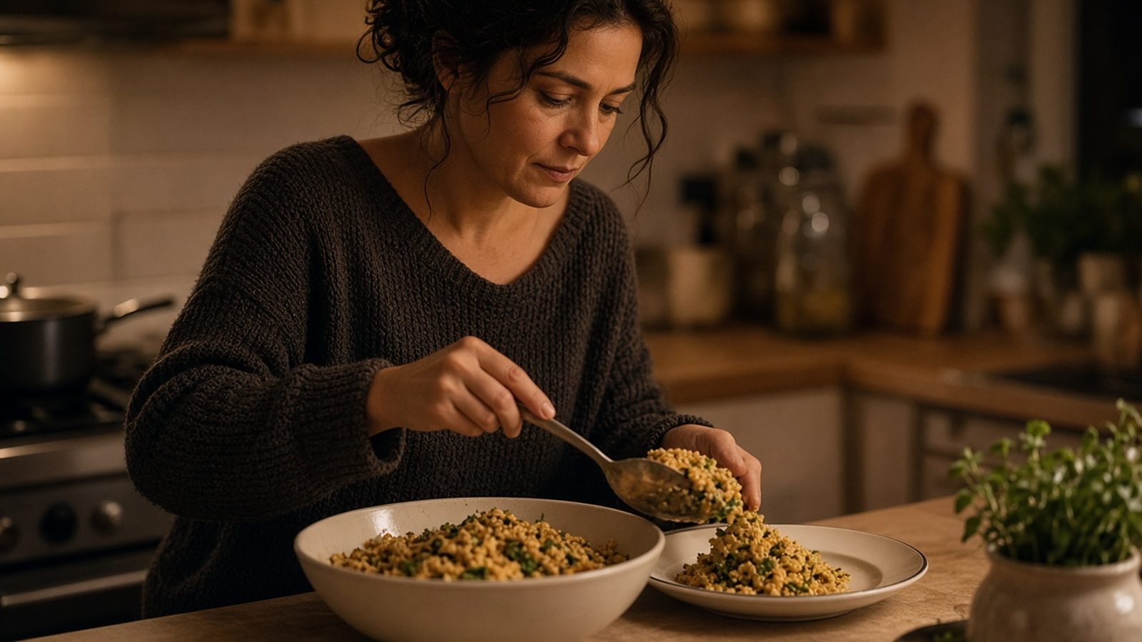 Persoon schept ’s avonds rijst of pasta op bord