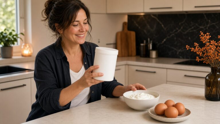 Persoon in keuken met collageenpot naast yoghurt en eieren