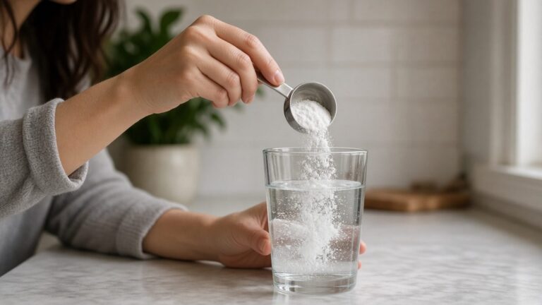 Hand schept wit poeder in glas water op aanrecht