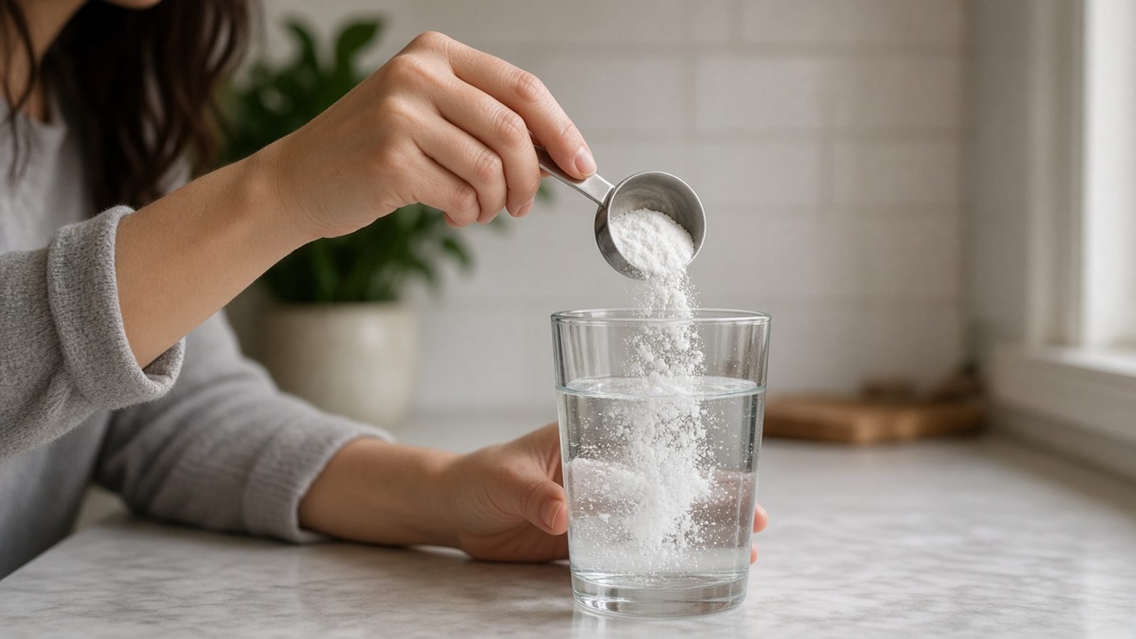 Hand schept wit poeder in glas water op aanrecht