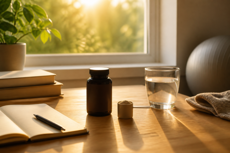 Ochtendlicht op bureau met anonieme supplementfles, scoop en water