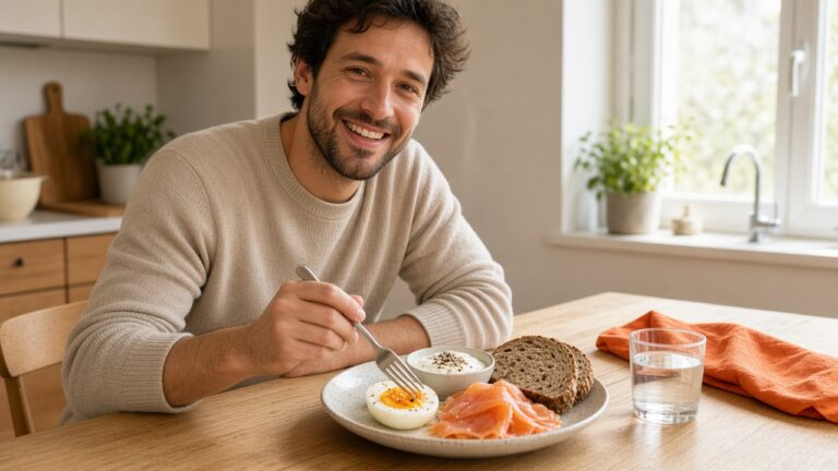 Glimlachende man aan de keukentafel met een bord zalm, ei, volkorenbrood en kwark, een eiwitrijke maaltijd
