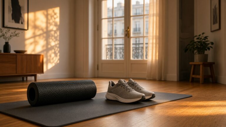 Foamroller naast hardloopschoenen op yogamat in warm daglicht