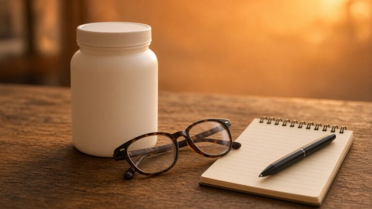 Witte supplementpot naast een leesbril en notitieboek met pen op een houten tafel: een supplementlabel kritisch lezen