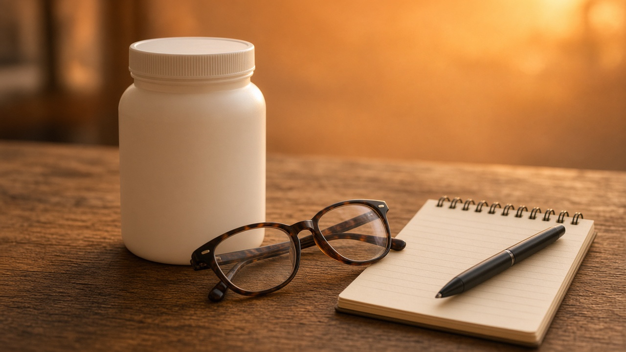 Witte supplementpot naast een leesbril en notitieboek met pen op een houten tafel: een supplementlabel kritisch lezen