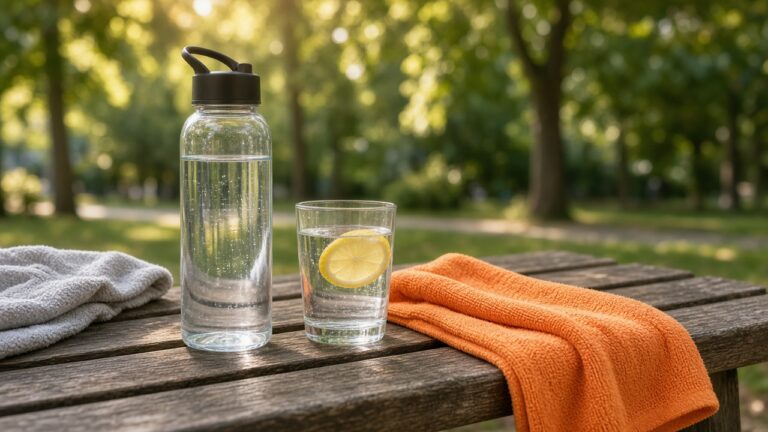 Drinkfles en glas water met citroen op een houten tafel buiten, naast een sporthanddoek: gewoon water na het sporten
