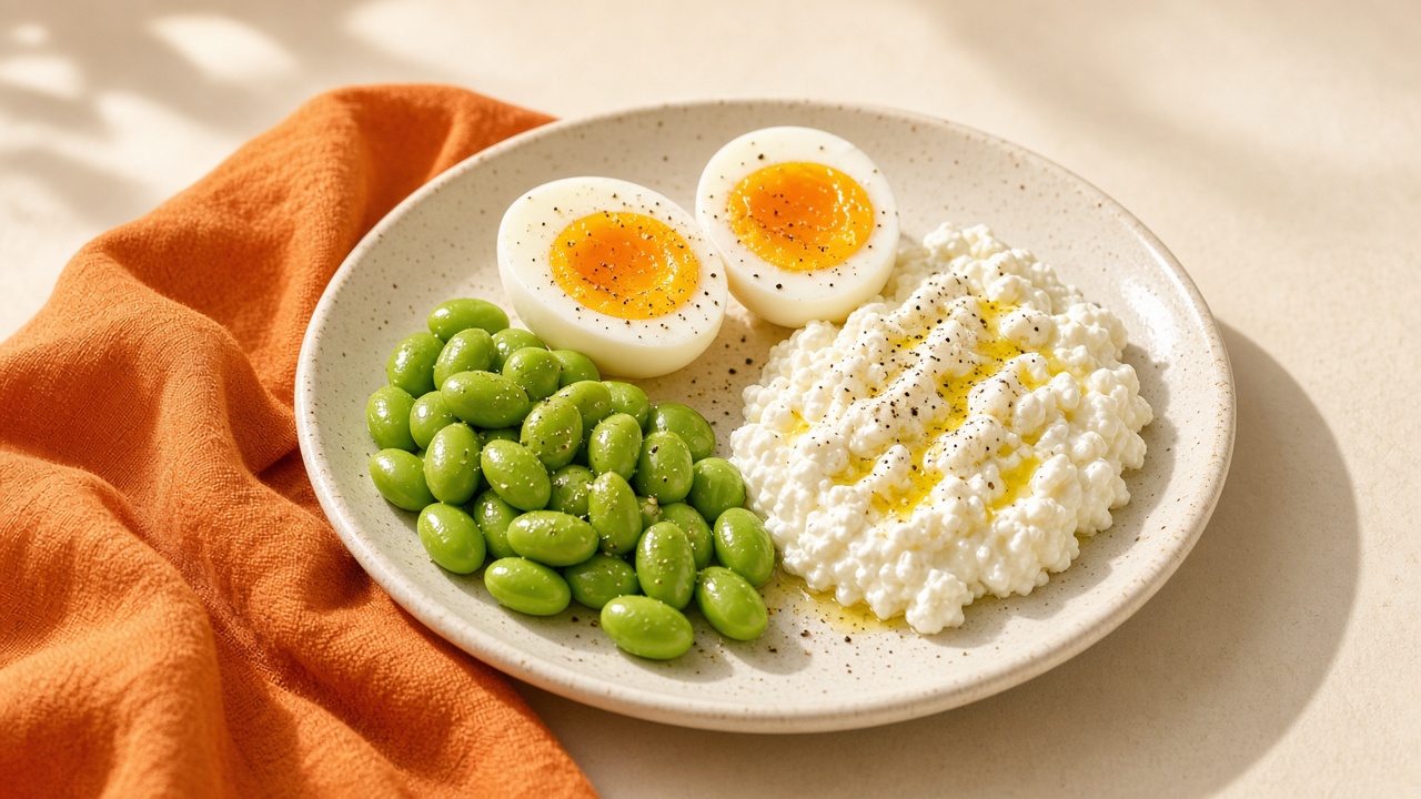 Bord met kwark, ei en groenten op ontbijttafel in warm licht