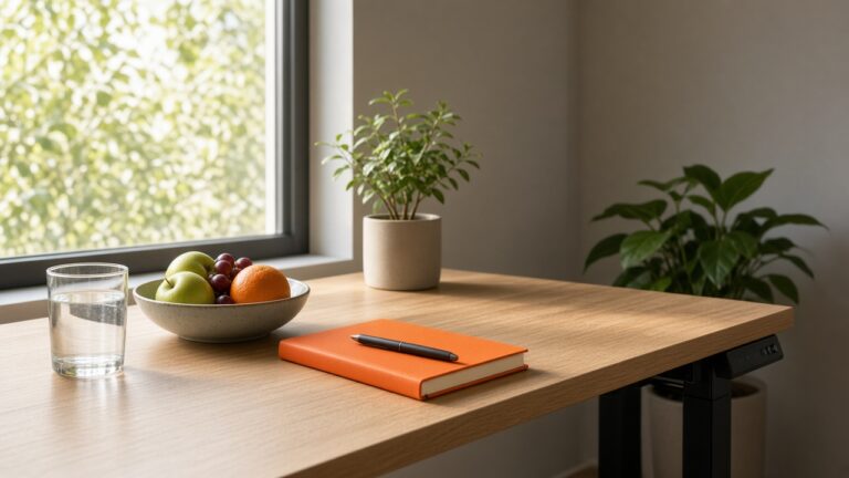 Licht bureau bij het raam met een glas water, fruitschaal, oranje notitieboek en planten: gewoonten tegen de middagdip