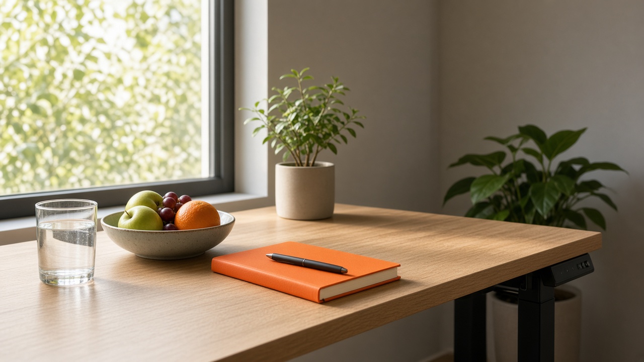 Licht bureau bij het raam met een glas water, fruitschaal, oranje notitieboek en planten: gewoonten tegen de middagdip