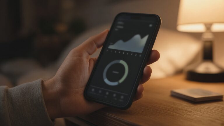 Hand op nachtkastje houdt smartphone met vage slaapgrafiek