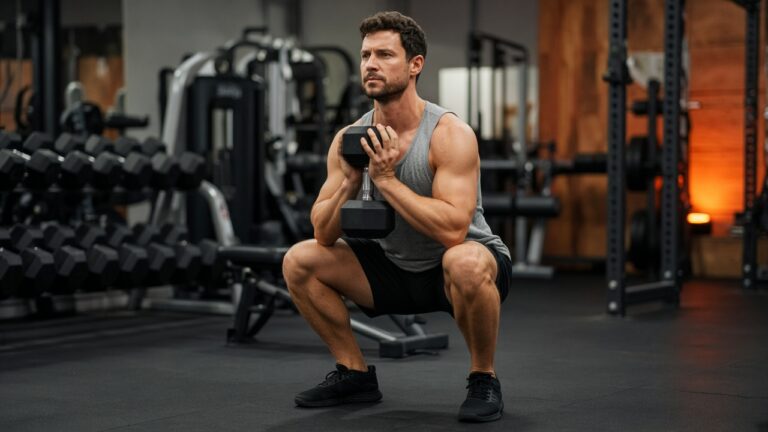 Man doet een goblet squat met een dumbbell in de gym en schat hoe zwaar de set voelt