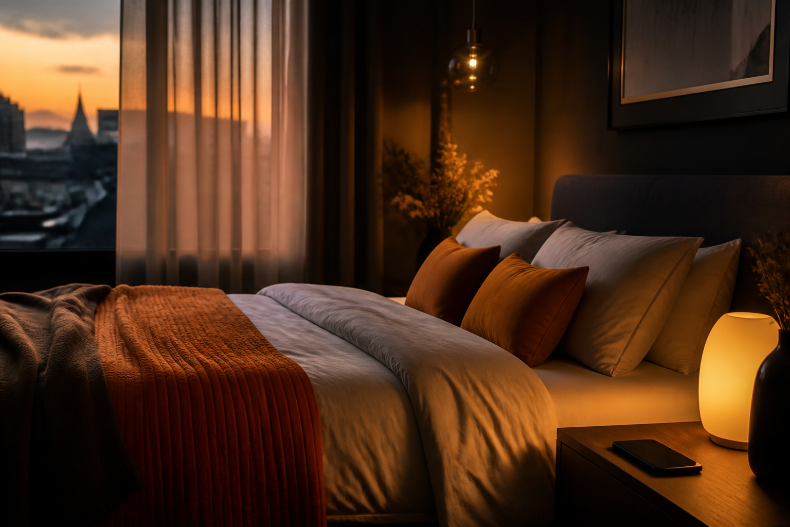 Kalme slaapkamer bij zonsondergang met telefoon face-down — wind-down voor herstel