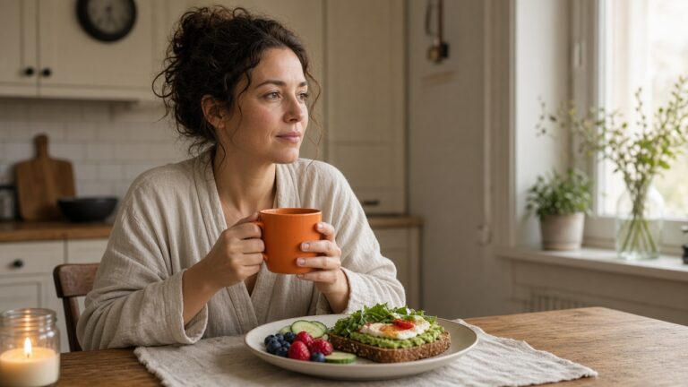 Persoon met mok en ontbijt bij ochtendlicht na korte nacht, rustige keuken