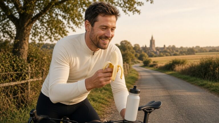 Fietser pauzeert met banaan en plain drinkfles op landelijke weg
