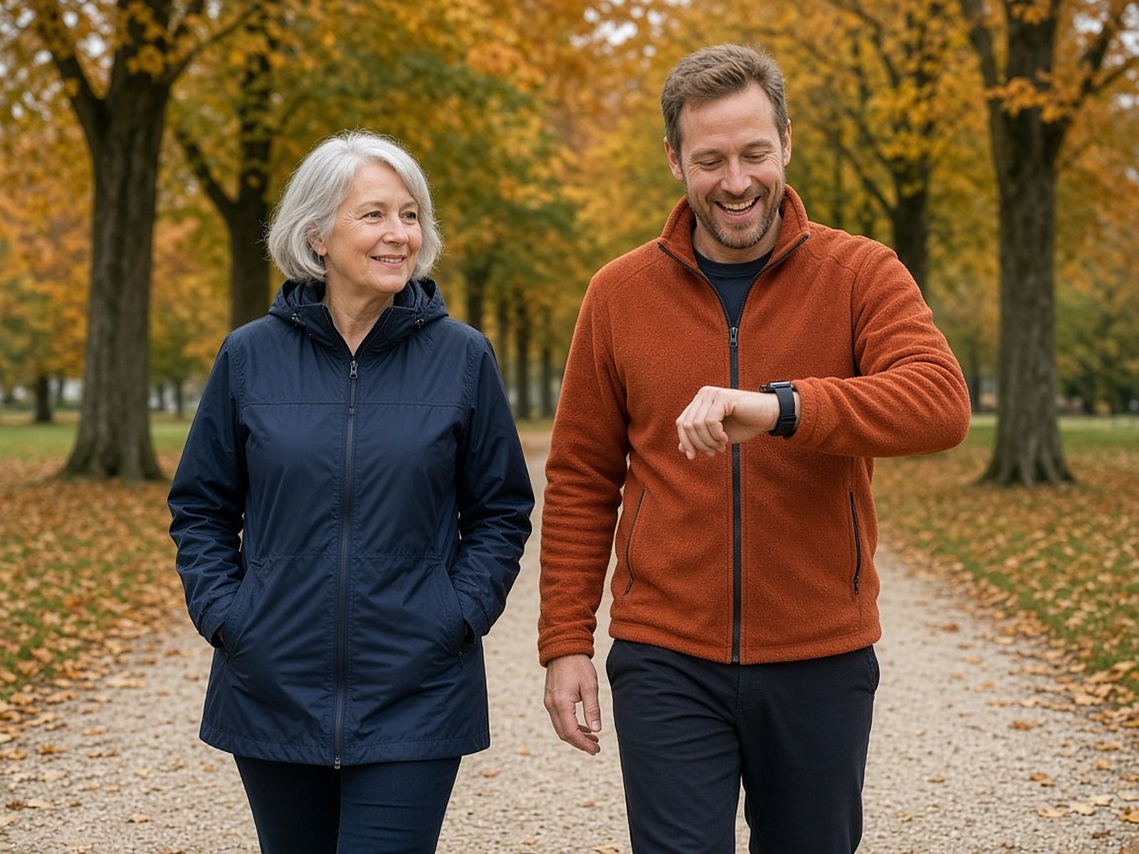 Moeder en tienerzoon wandelen samen door een herfstpark en checken hun stappen op een horloge