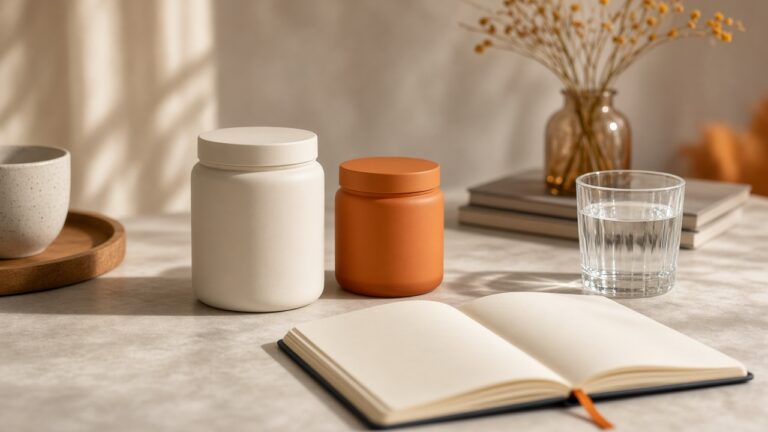 Pots de compléments neutres sans étiquette à côté d'un carnet et d'un verre d'eau, lumière chaude