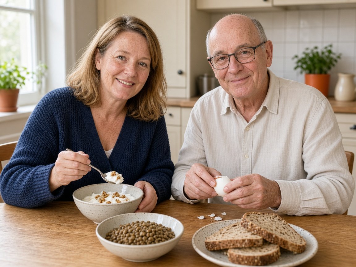 Vrouw en oudere man maken een ontbijt met yoghurt, noten en eieren, een eenvoudige manier om eiwitten na 40 binnen te krijgen
