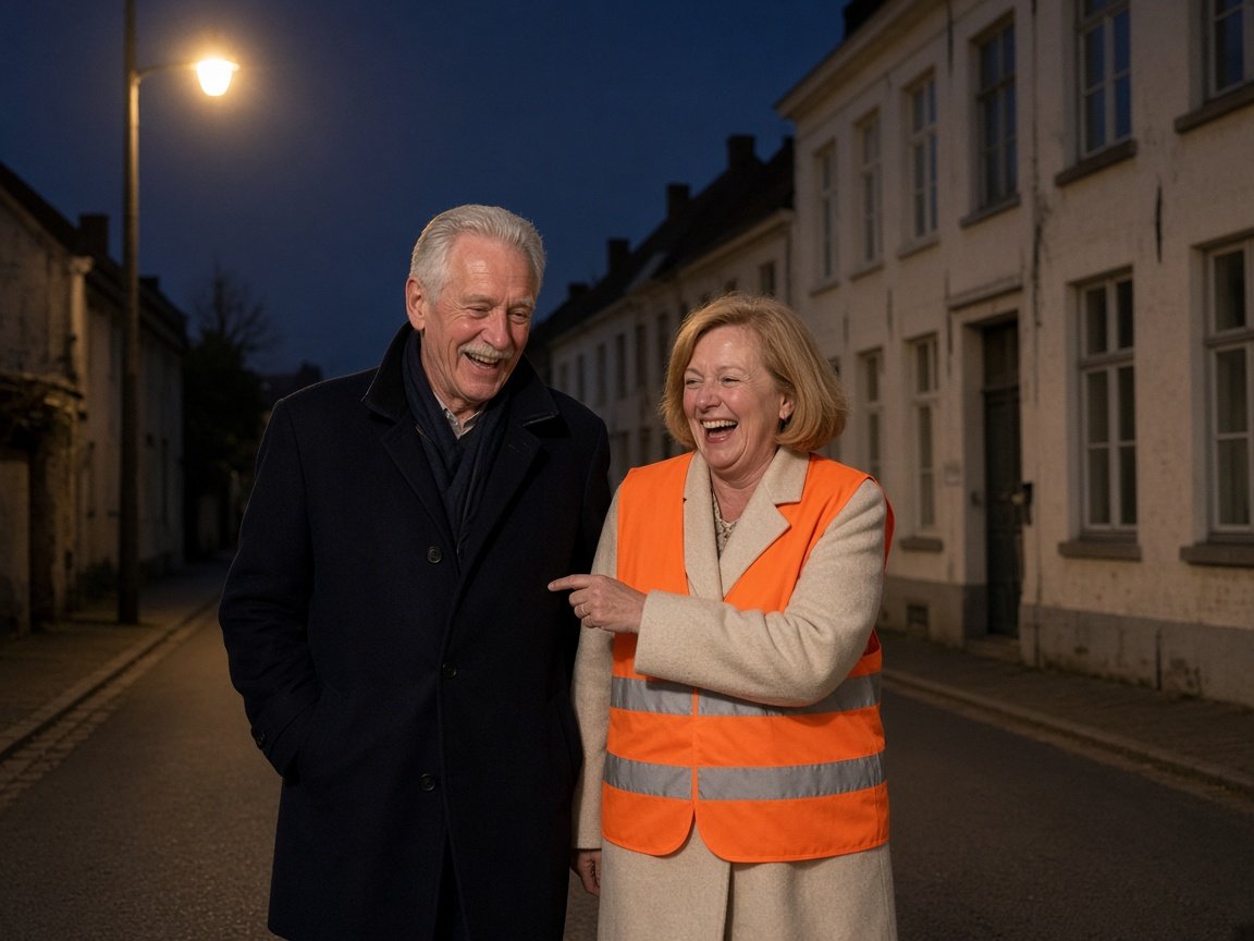 A man in a dark coat and a woman in a high-visibility vest walk under a streetlight in the evening