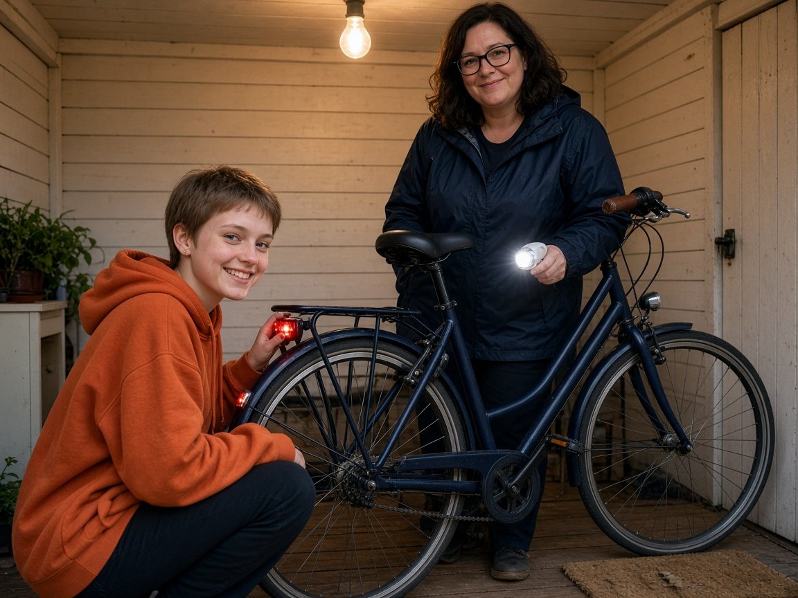 Une adolescente teste avec sa tante le feu arrière rouge de son vélo