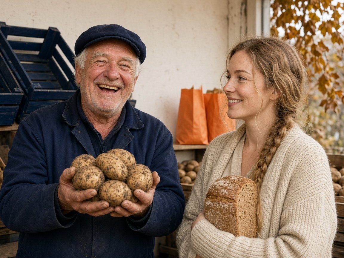 Een boer laat in zijn hoevewinkel aardappelen zien aan een klant met een volkorenbrood