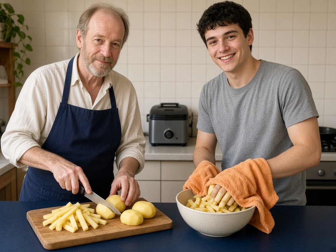 Een vader snijdt dikke frieten terwijl zijn zoon geweekte frieten droogdept