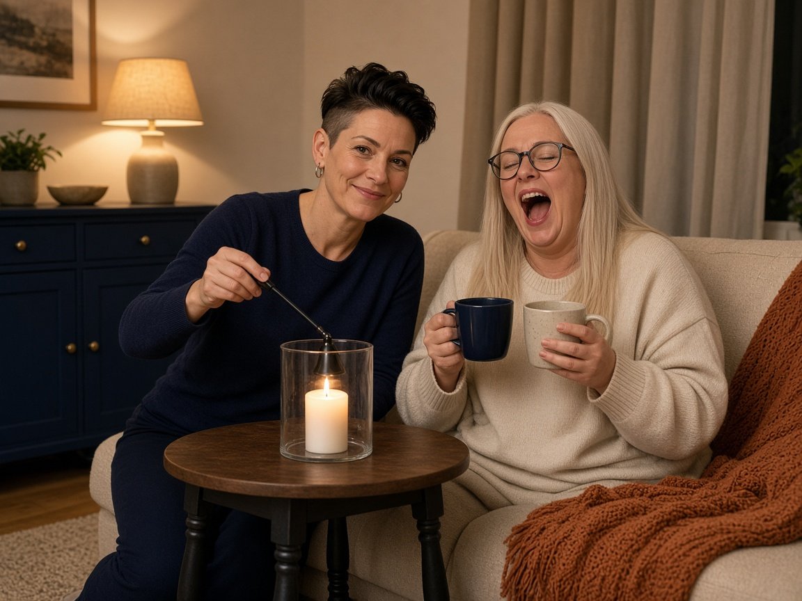 A woman puts out a candle in a glass holder before bed while her friend yawns
