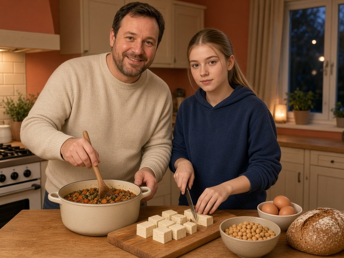 Vader en dochter koken een linzenschotel met tofu, een eiwitrijke maaltijd zonder vlees of vis