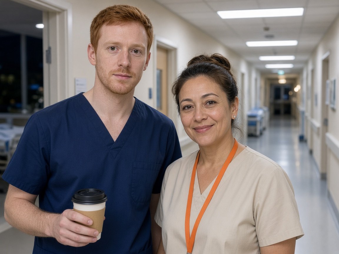 Two nurses on a night shift in a brightly lit corridor, light helps you stay alert during night shifts