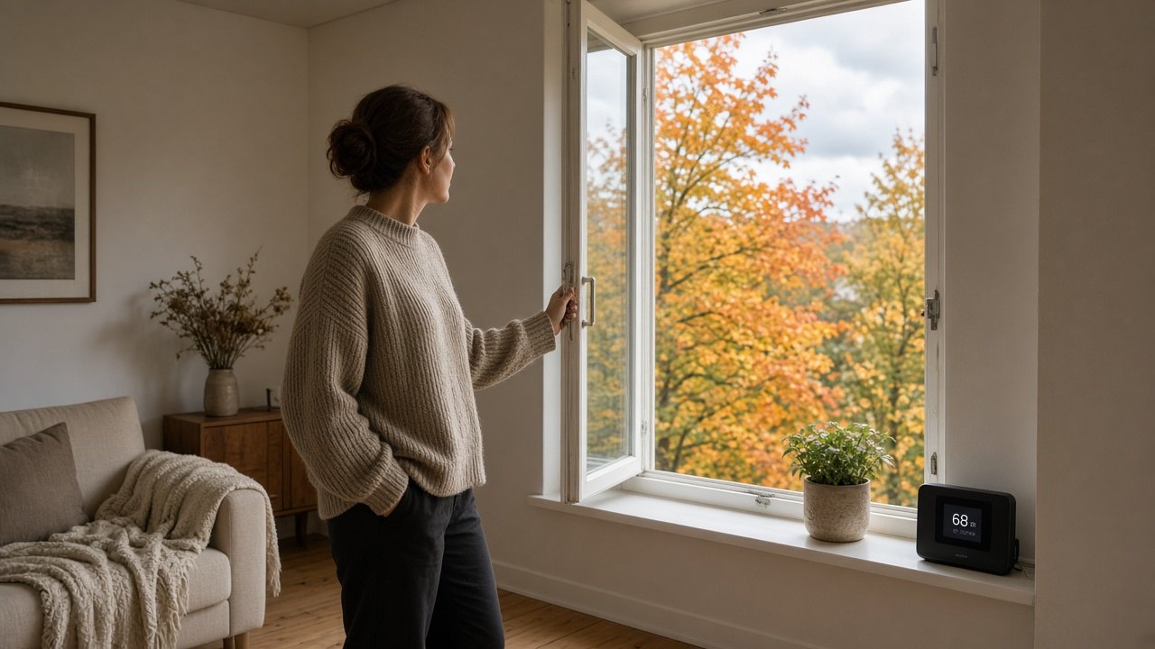 Woman opening a living room window in autumn for airing your home, with a CO2 monitor on the windowsill