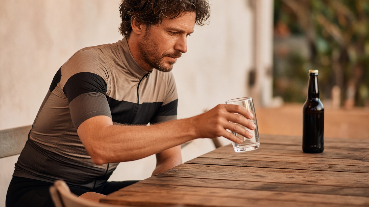 Cyclist after training with a glass of water instead of alcohol after the workout