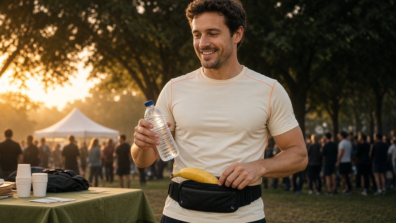 Coureur amateur avec une banane et un bidon au départ dans la lumière du matin : que manger avant une course