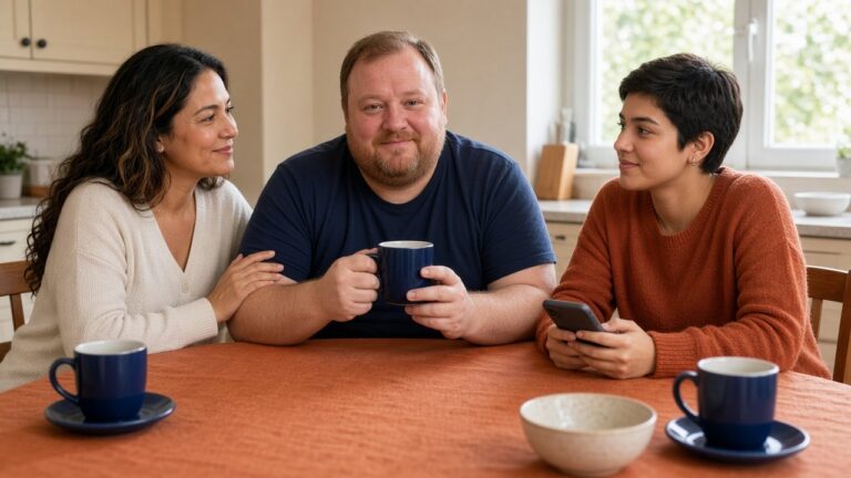 Un homme fatigué avec une tasse de thé à la table du petit-déjeuner, rassuré par sa femme : la fatigue au réveil peut être un signe d'apnée du sommeil