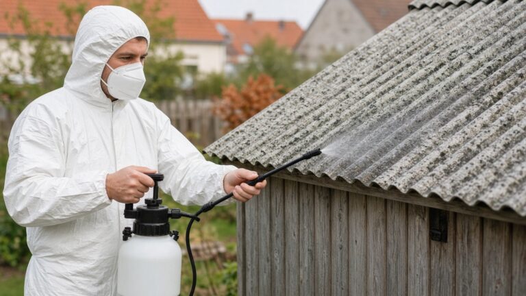 Man in an FFP3 mask and disposable coveralls wetting an old corrugated shed roof sheet with a sprayer: asbestos at home