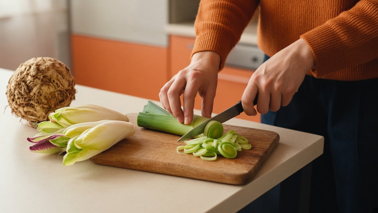 Person slicing leek into rings on a wooden chopping board next to endive and celeriac, autumn vegetables