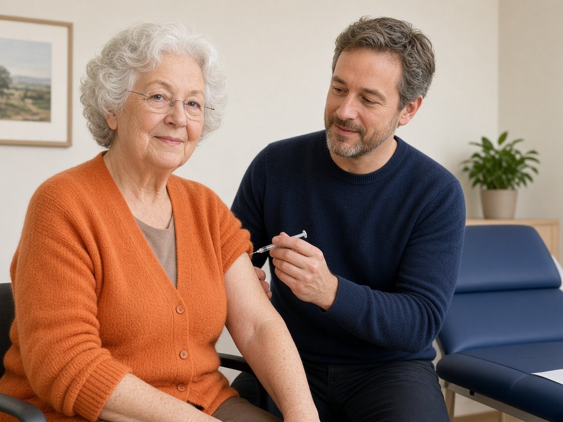 A GP gives a 76-year-old woman a flu vaccine in her upper arm at the surgery