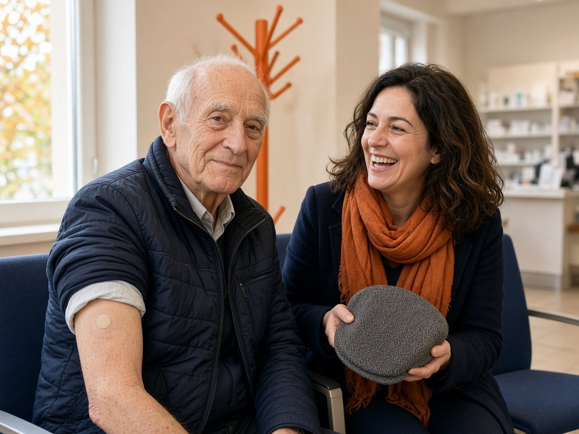 Un père de 81 ans et sa fille attendent ensemble à la pharmacie après le vaccin contre la grippe et le covid