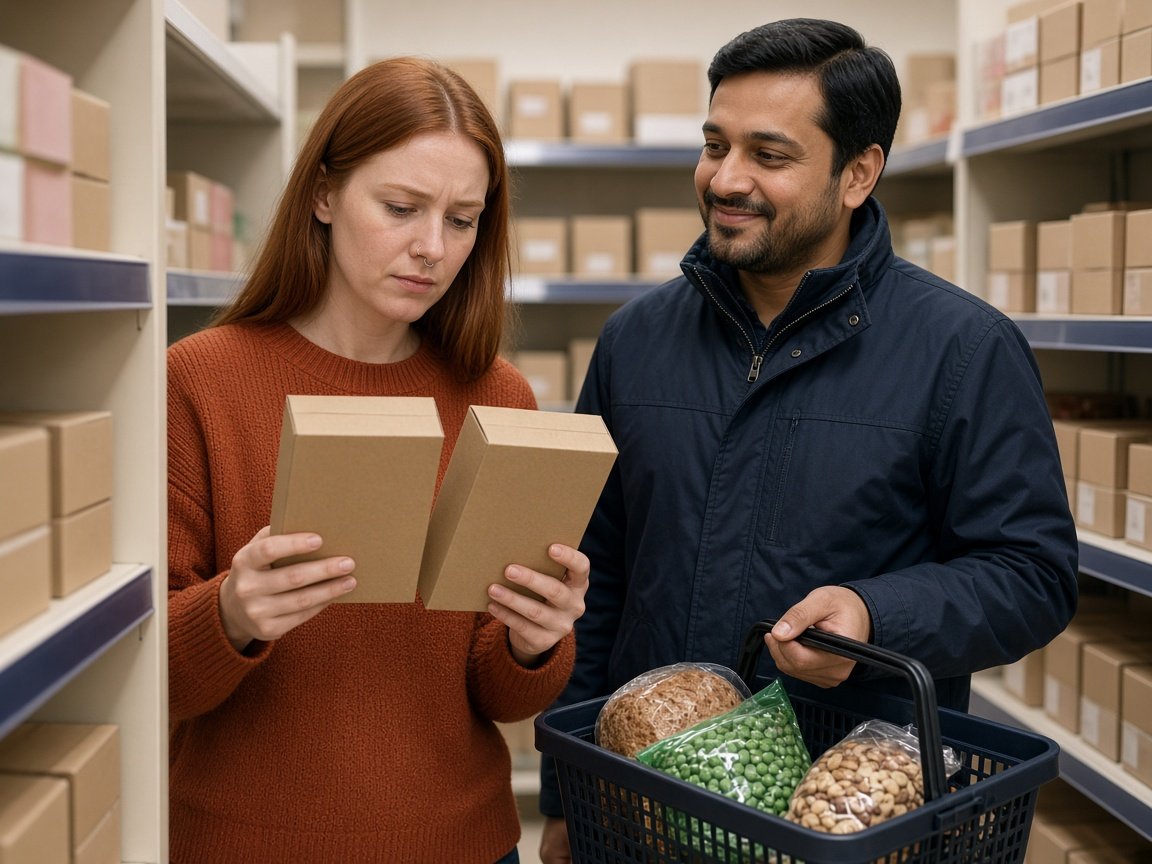 Koppel vergelijkt in de supermarkt twee dozen ontbijtgranen, met volkorenbrood, diepvrieserwten en noten in de mand: zo kies je bewuster bij ultrabewerkte voeding
