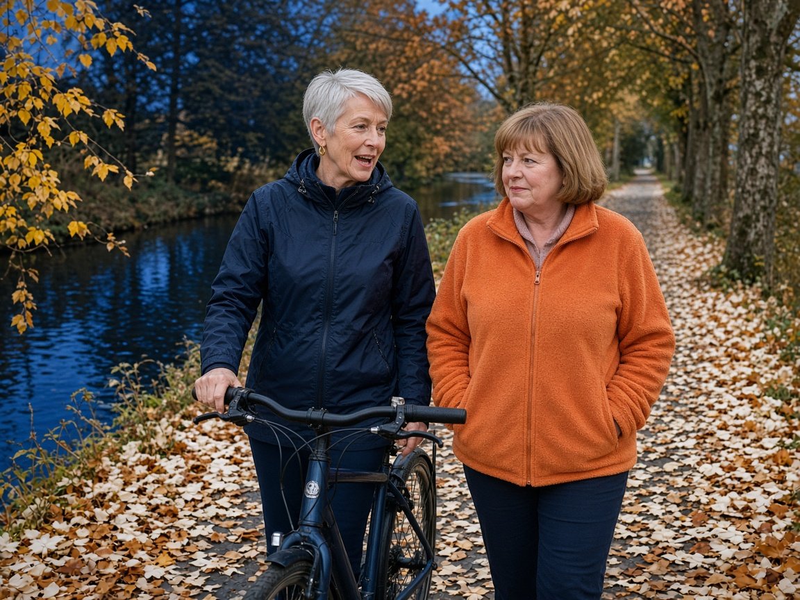 Twee vriendinnen wandelen met de fiets langs een kanaal, als aanvulling op isometrische training
