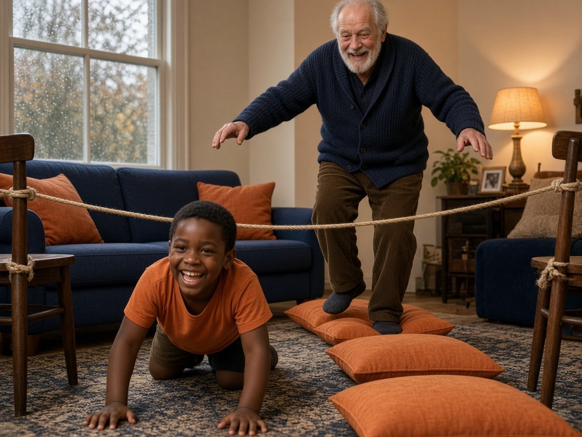 A grandfather and grandson do an indoor course with a rope and cushions on a rainy day during the autumn break, an idea for being active with children