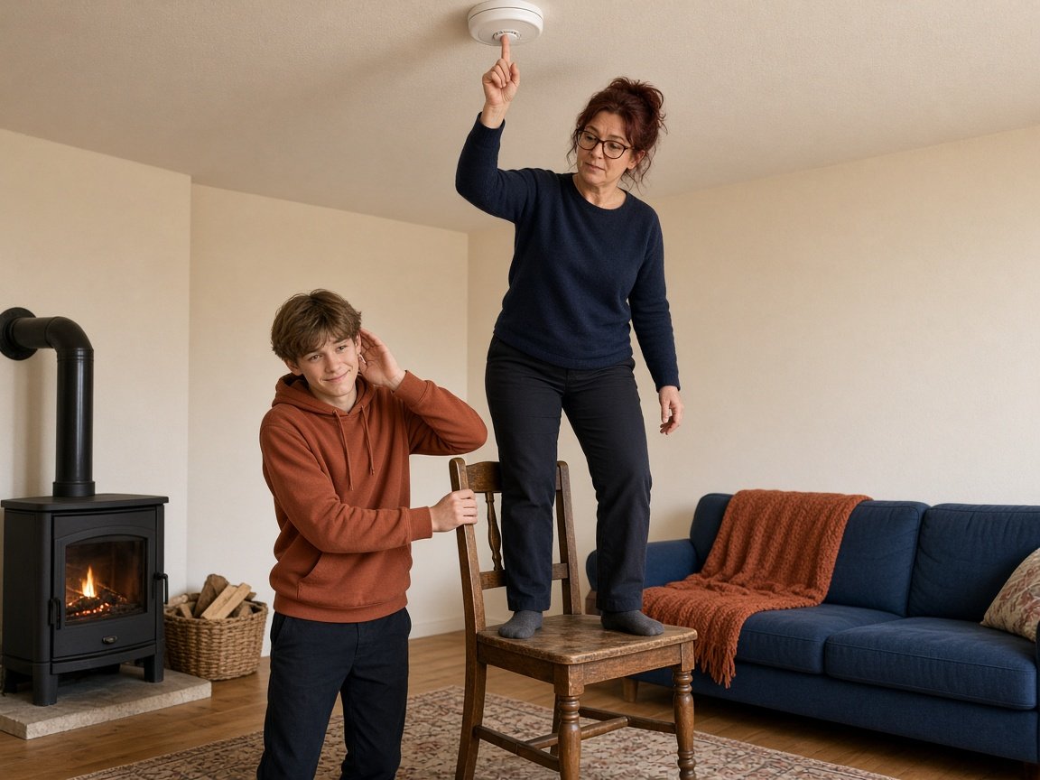 Une mère teste avec son fils le détecteur de CO au plafond du salon équipé d'un poêle à bois