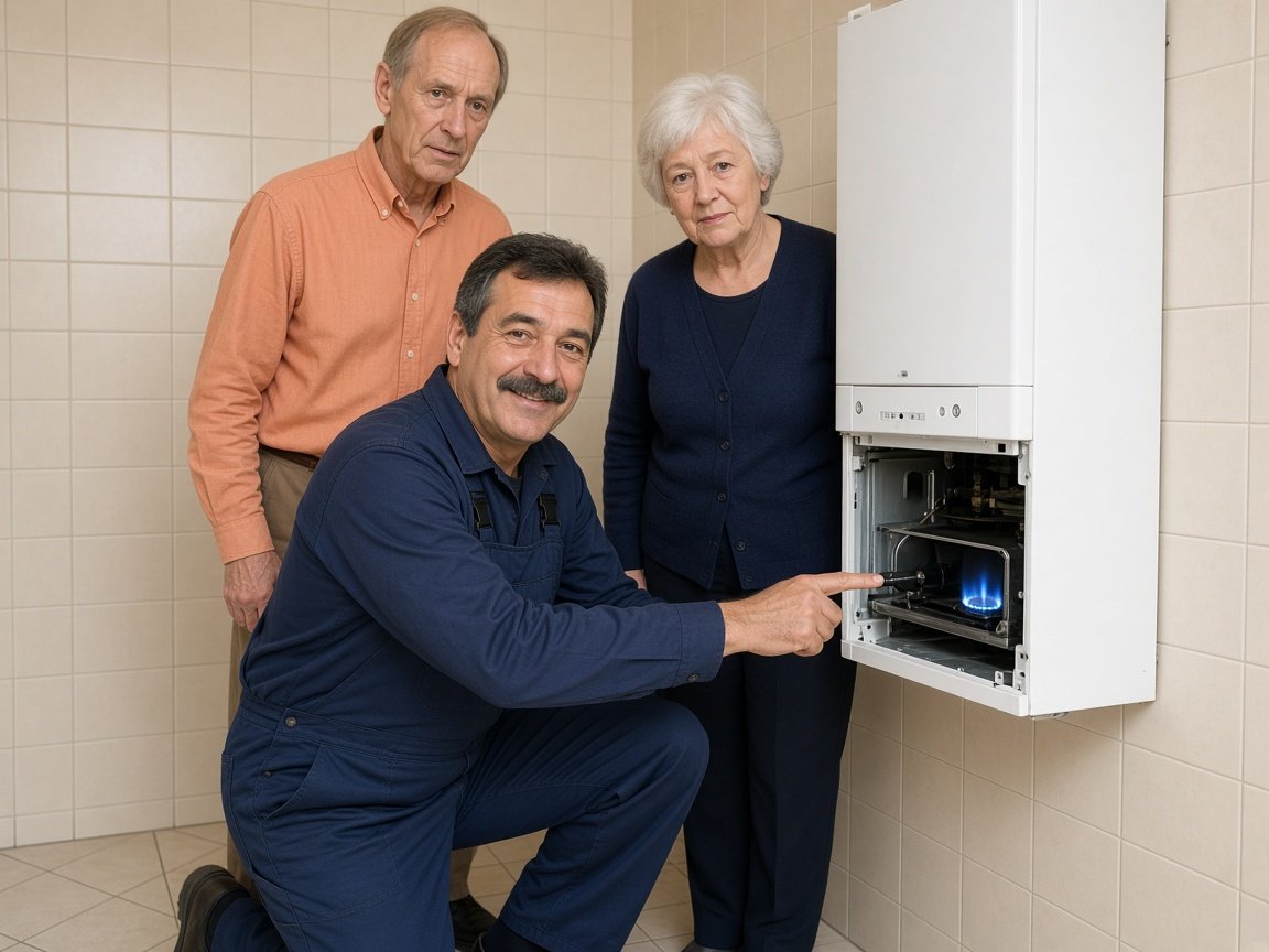 A heating technician shows an older couple the blue flame while servicing their gas boiler