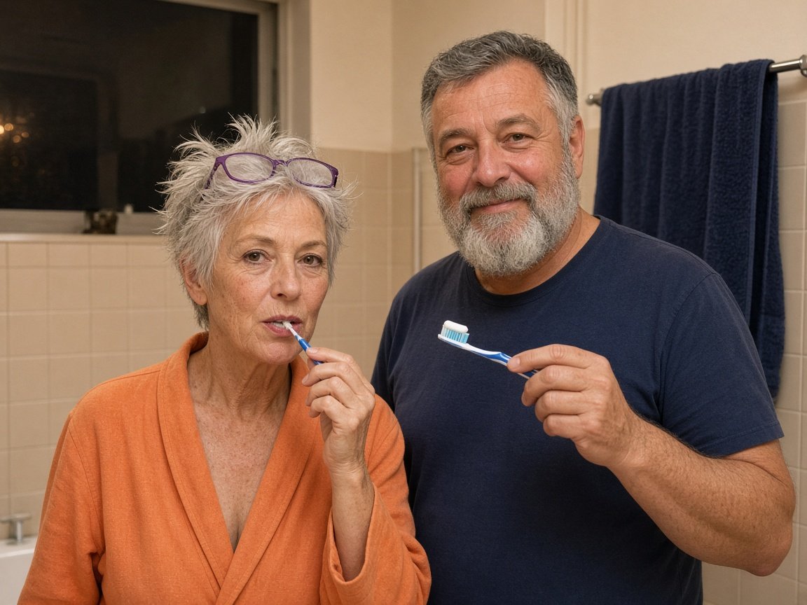A couple at the bathroom mirror: she cleans between her teeth with an interdental brush while he holds his toothbrush ready, for good oral health