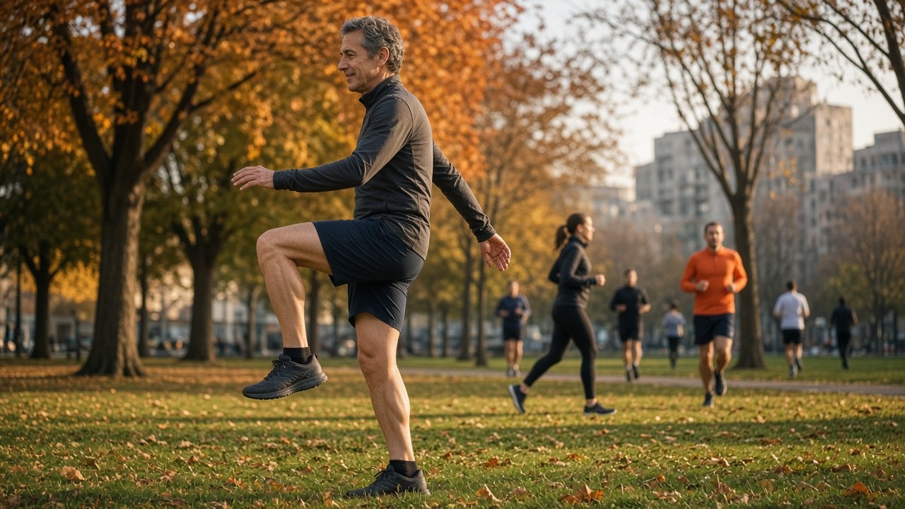 Een vijftiger traint zijn balans op één been in het park, andere sporters onscherp achter hem.