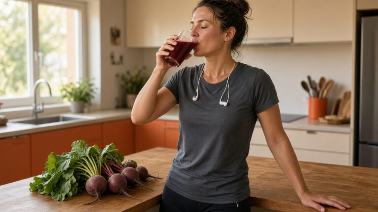 Athlete drinking a glass of beetroot juice in the kitchen after a run, beetroot juice for endurance