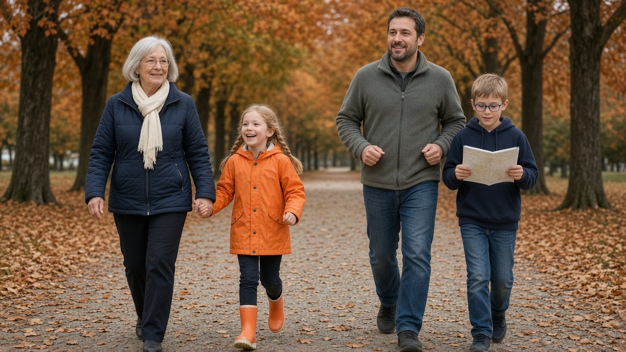Grootmoeder, vader en twee kinderen wandelen en spelen in een herfstpark als voorbeeld van bewegen met kinderen in de herfstvakantie