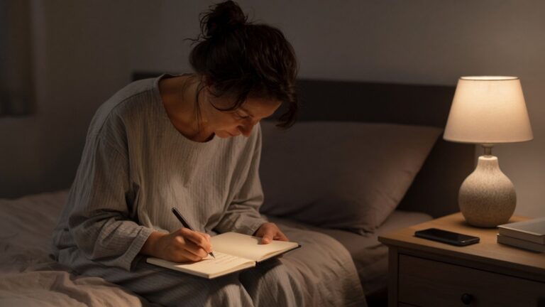 Le soir, une personne écrit une courte liste dans un carnet près du lit pour ne plus ruminer avant de dormir, téléphone rangé