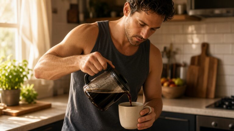 Café versé dans une tasse avant l'entraînement, caféine et sommeil