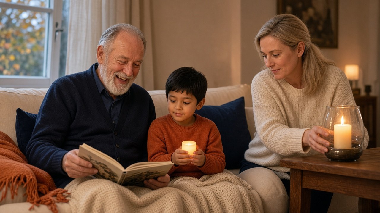 Candles and indoor air: a grandfather reads aloud while his grandson holds an LED candle and the mother places a real candle on a sturdy table away from draughts