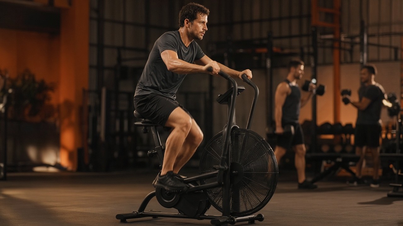 Een man traint op een fietsergometer in de sportschool, mensen met halters onscherp op de achtergrond.