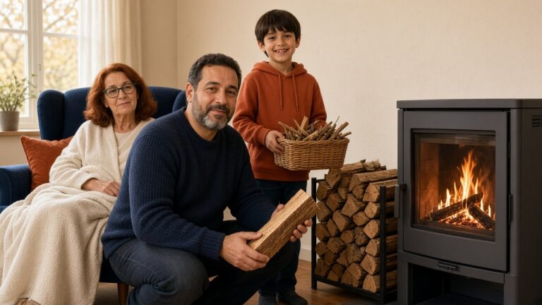 Un père ajoute une bûche sèche dans un poêle à bois fermé pendant que son fils apporte du petit bois, pour se chauffer au bois avec moins de particules fines